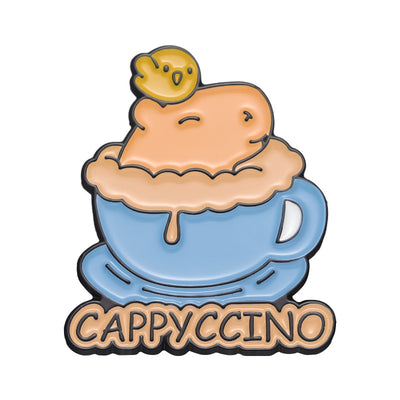 Cute capybara enamel brooch wearing a pink donut with sprinkles and "DONUT WORRY BE CAPPY" text. - Image 30