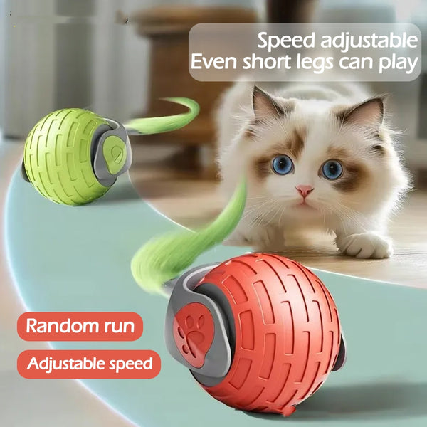 Orange and grey smart pet cat ball, an automatic electric rolling toy with a textured surface and power button.