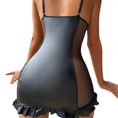 Camisón de Encaje y Malla con Cierre Frontal y Detalles en Cuero - Image 5