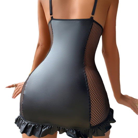 Camisón de Encaje y Malla con Cierre Frontal y Detalles en Cuero - Image 5