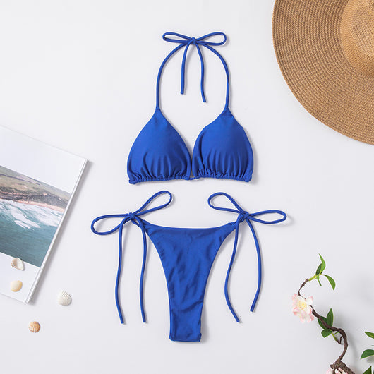 Red solid color two-piece bikini swimsuit with a halter tie-top and adjustable tie-side thong bottom. - Image 10