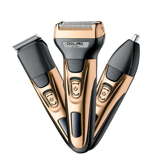 Gold and black three-in-one electric shaver with foil head, hair clipper, nose trimmer, and accessories. - Image 4