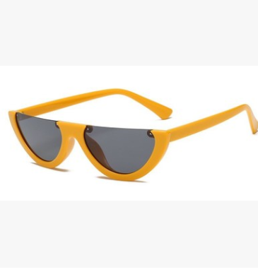 Bright yellow semi-rimless sunglasses with dark gray half-moon lenses, featuring a modern cat-eye shape. - Image 13