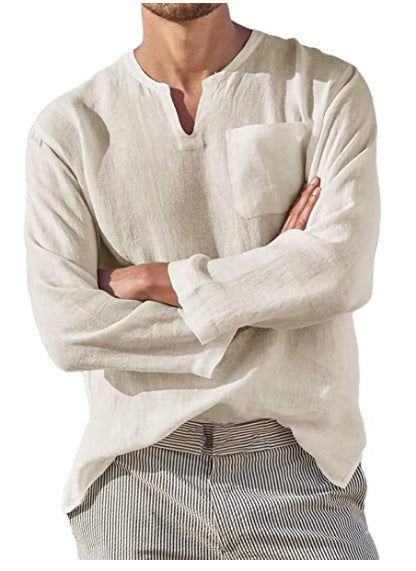 Camisa de Lino Casual para Hombre con Cuello en V y Manga Larga - Image 11