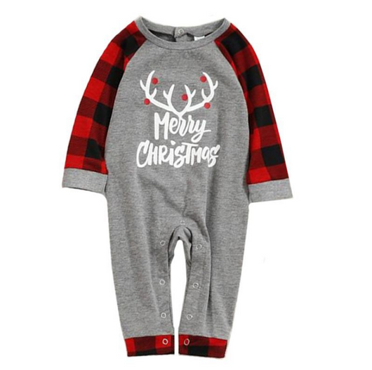 Baby's Christmas pajama set with grey 'Merry Christmas' reindeer top and red and black buffalo plaid pants. - Image 5