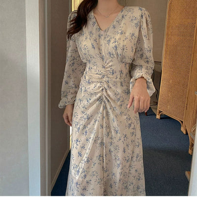 Vestido Largo de Chifón Estampado con Escote en V y Mangas Largas Fruncidas - Image 4