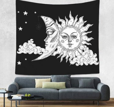 Bohemian sun and moon tapestry with a celestial pattern of golden suns and crescent moons on a dark blue background. - Image 18