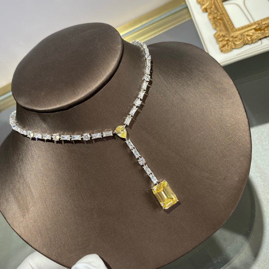 Collar de Plata 925 con Colgante Gota de Agua, Diamante Cuadrado y Borla de Diamante Amarillo - Image 11