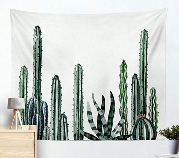 White tapestry with a watercolor-style print of various green cacti and succulents, perfect for wall decor.
