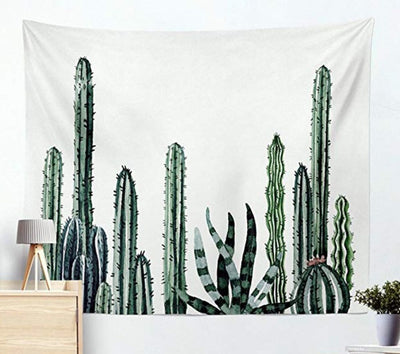 White tapestry with a watercolor-style print of various green cacti and succulents, perfect for wall decor.