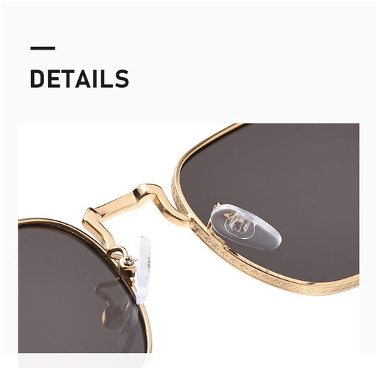 Gold frame square-oval sunglasses with gradient black and grey lenses and black temple tips on a white background. - Image 11