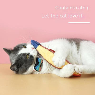 Orange fish-shaped plush catnip toy with blue fins and tail, held in a hand, with a small round tag.