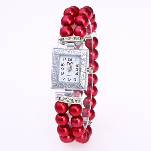 Reloj Rectangular para Mujer con Pulsera de Perlas de Vidrio Artificial - Image 3