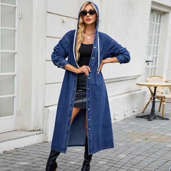 Abrigo Denim Largo con Capucha Efecto Desgastado para Mujer
