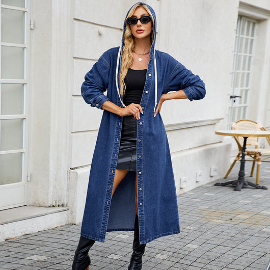 Abrigo Denim Largo con Capucha Efecto Desgastado para Mujer - Image 2