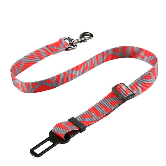 Red pet seat belt with reflective stitching, featuring a metal swivel clip and a black car seat belt buckle. - Image 14