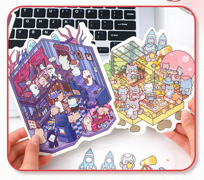 Diy Notebook Decompression Stacking Miniature Sticker set featuring a cute cartoon hot pot shop scene with animal characters. - Image 35