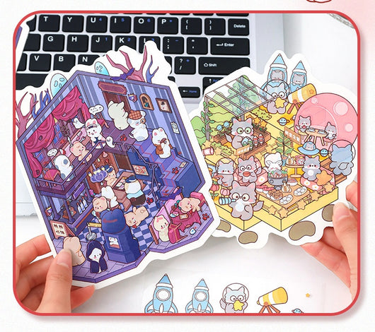 Diy Notebook Decompression Stacking Miniature Sticker set featuring a cute cartoon hot pot shop scene with animal characters. - Image 35