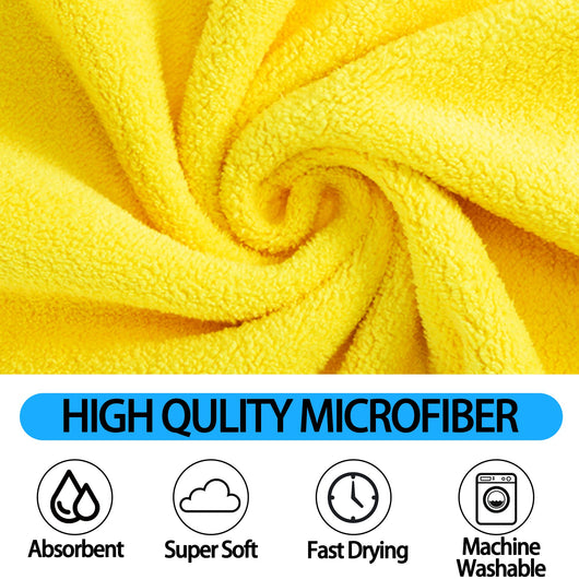 Yellow microfiber pet drying towel with black trim draped over a bathtub, with a golden retriever, poodle, and cat. - Image 3