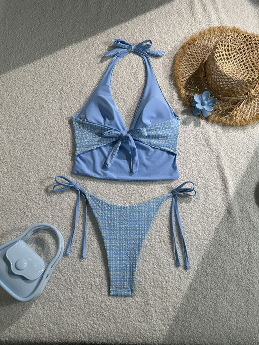 Light blue textured plaid two-piece swimsuit with a halter top and side-tie bikini bottoms, featuring small white bows. - Image 8