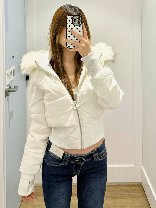 Chaqueta Corta Retro Americana con Cuello de Pelaje para Mujer - Image 4