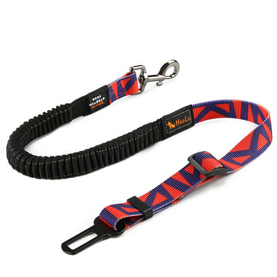 Red pet seat belt with reflective stitching, featuring a metal swivel clip and a black car seat belt buckle. - Image 10