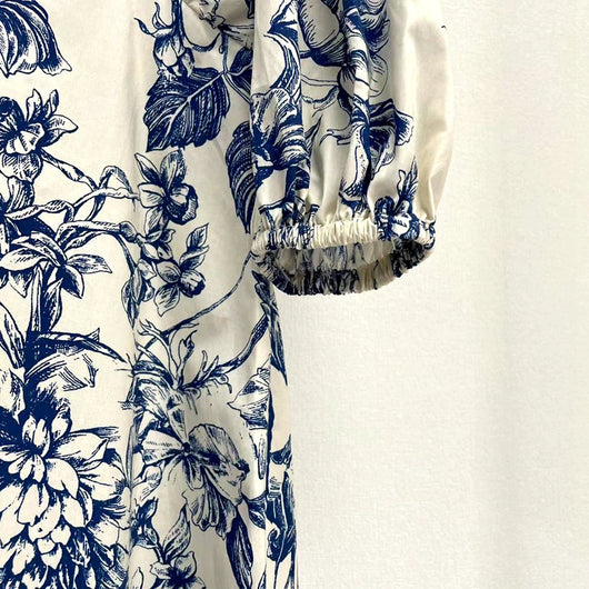 Vestido Azul y Blanco con Estampado Porcelana Chino - Cuello V Manga Media - Image 18