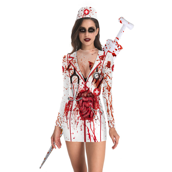 Vestido Largo Zombie Enfermera Halloween Ajustado Cuello Redondo