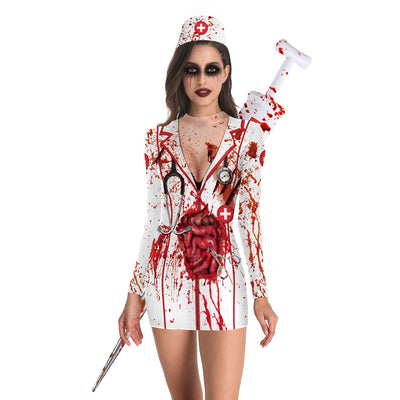 Vestido Largo Zombie Enfermera Halloween Ajustado Cuello Redondo