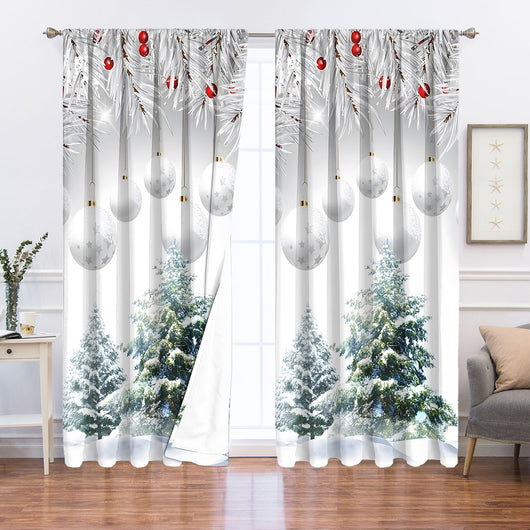 Christmas curtain with a snowy village scene, Santa Claus, flying reindeer, and piles of wrapped gifts. - Image 33
