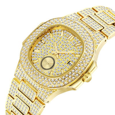 Reloj de Cuarzo para Hombre Dorado con Diamantes Completos - Lujo Hip Hop - Image 12