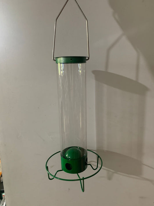 Green and clear tube hanging bird feeder with a metal wire hanger, designed for attracting hummingbirds. - Image 8