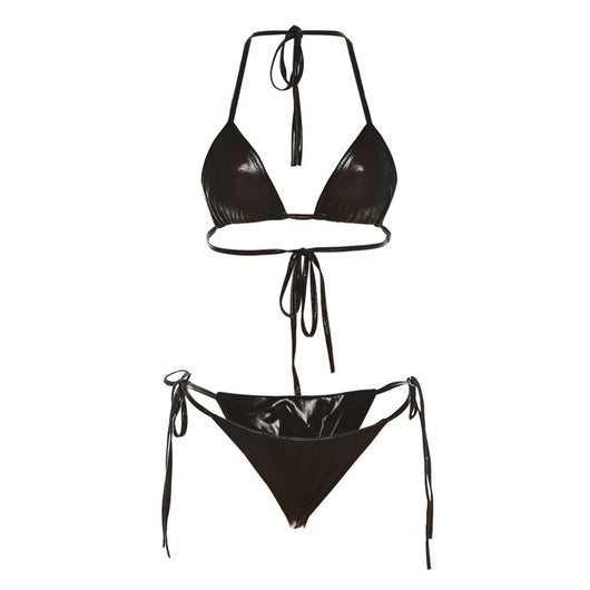 Purple reflective two-piece bikini with a halter neck top and tie-side bottoms, featuring a shiny solid color fabric. - Image 9