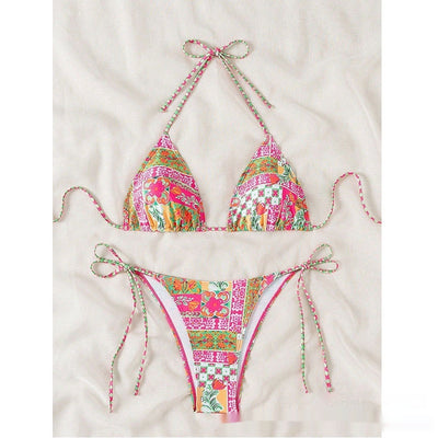 Female creative minimally printed split bikini set with a vibrant bohemian pattern and tie-side bottoms. - Image 8