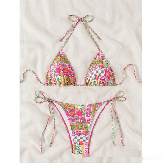 Female creative minimally printed split bikini set with a vibrant bohemian pattern and tie-side bottoms. - Image 8