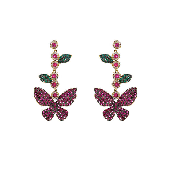 Aretes Largos de Hoja y Flor con Circonitas Incrustadas y Borla - Image 3