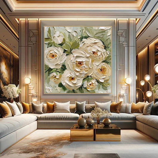 Cuadro Abstracto Óleo sobre Lienzo - Arte Moderno Flores y Hojas Verdes para Decoración del Hogar - Image 3