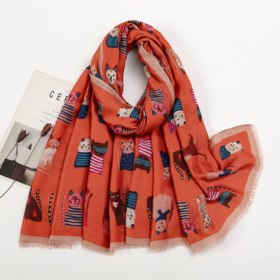 Bufanda Larga de Otoño e Invierno con Gato Cartoon - Poliéster Suave para Mujer - Image 3