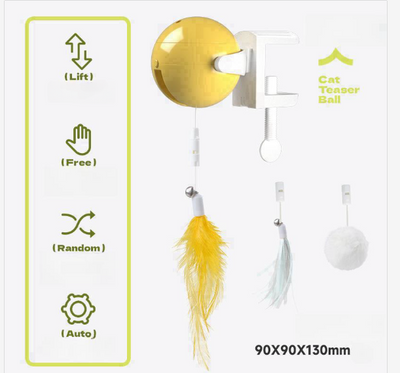 Automatic lifting cat toy with a yellow ball and white clamp, featuring interchangeable feather and pom-pom attachments. - Image 4