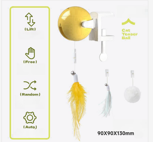 Automatic lifting cat toy with a yellow ball and white clamp, featuring interchangeable feather and pom-pom attachments. - Image 4