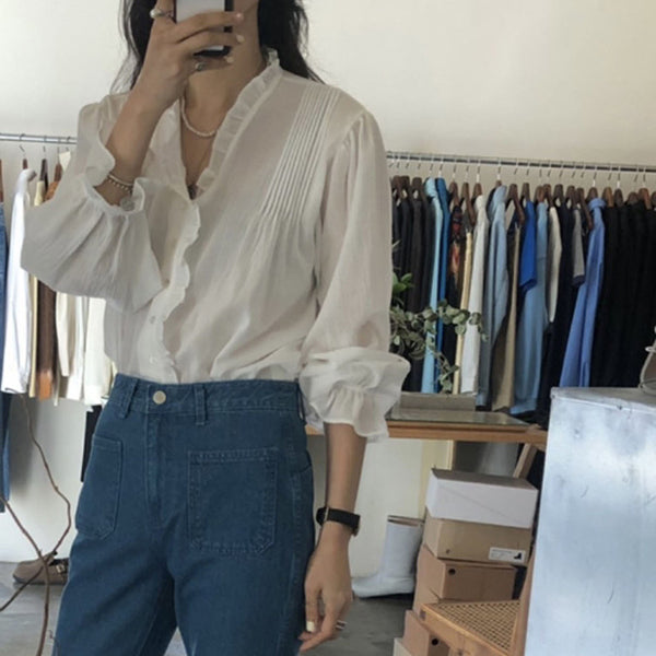 Blusa Elegante Retro Francesa con Encaje y Mangas Largas para Mujer
