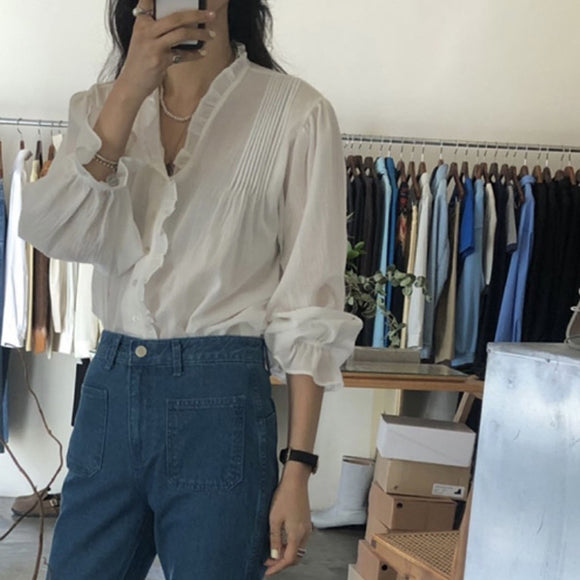 Blusa Elegante Retro Francesa con Encaje y Mangas Largas para Mujer
