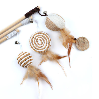 Cat teaser toy with a long wooden pole, a striped ball, brown feathers, and a small bell. - Image 4