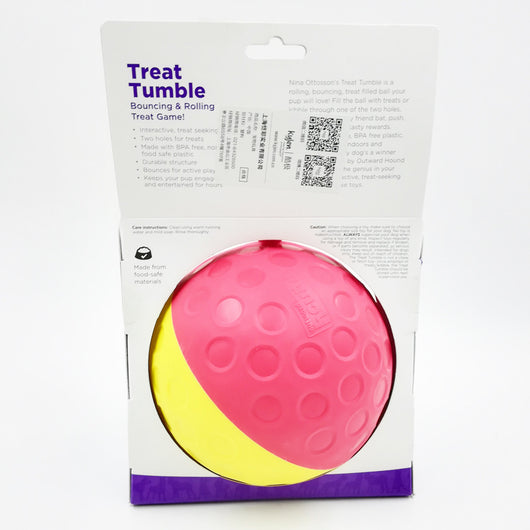 Small Outward Hound Treat Tumble dog toy in blue and yellow, a bouncing and rolling slow feeder. - Image 11