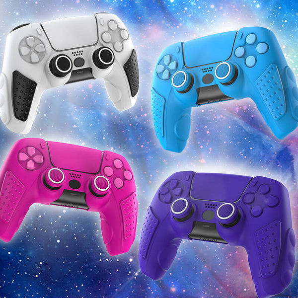 White silicone protective sleeve for PS5 controller with black textured grips and joystick caps, shown with packaging.