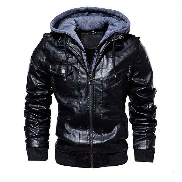 Chaqueta de Cuero PU con Capucha para Hombre