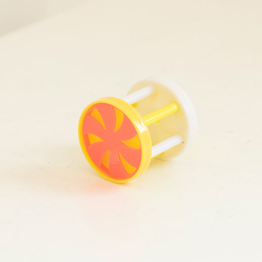 Colorful plastic cat bell roller toy with yellow and orange wheel, white and yellow rods, and a white end cap. - Image 12