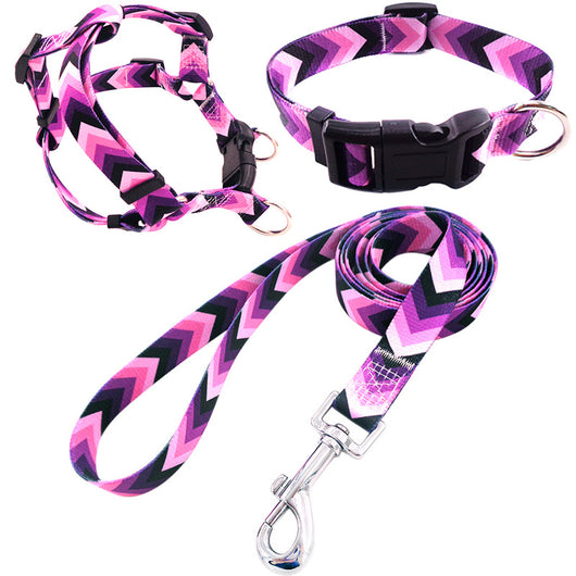 Blue geometric pattern pet collar, harness, and leash three-piece set with black buckles and silver hardware. - Image 10