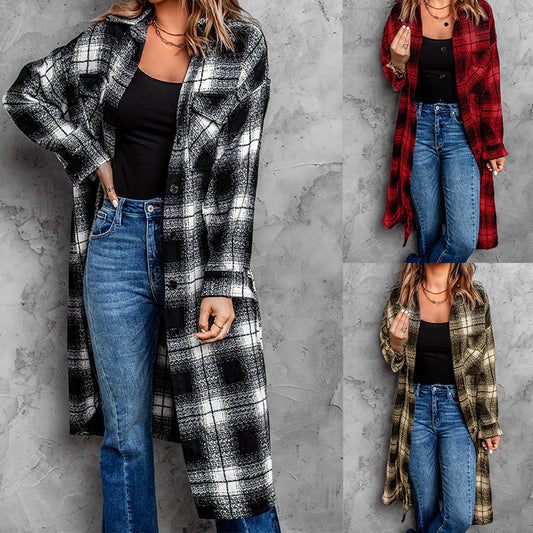 Cardigan Cuadros Mujer Largo Suelto con Solapa