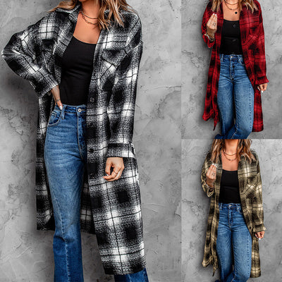 Cardigan Cuadros Mujer Largo Suelto con Solapa
